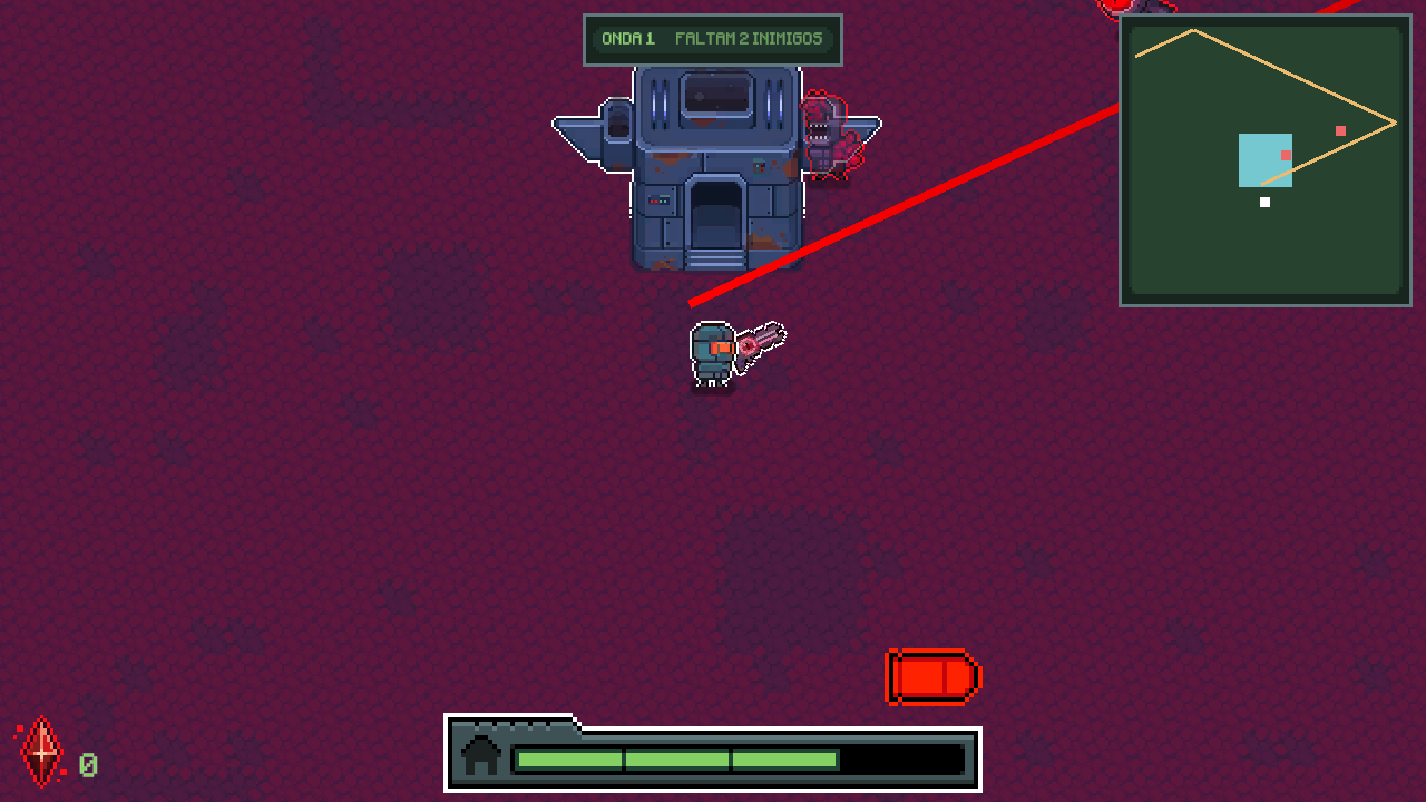 Personagem mirando um monstro na arena; a linha vermelha mostra o caminho do tiro